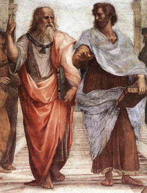 Plato and Aristotle walking.